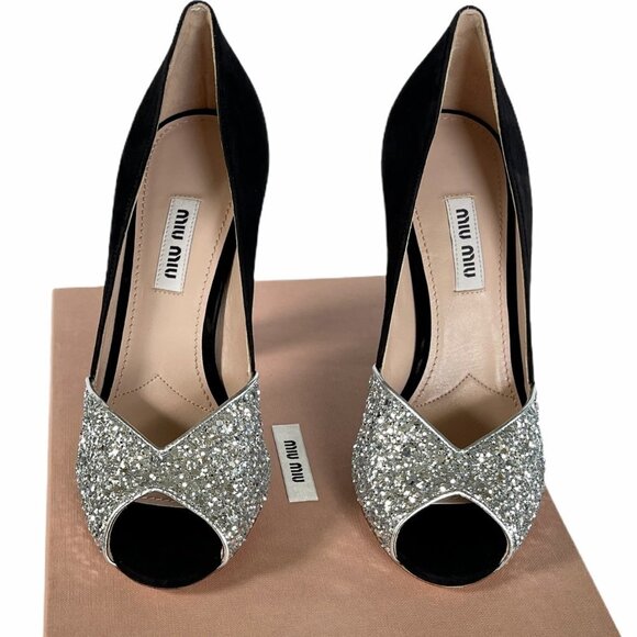 Miu Miu 5K684C Glitter Women's Black and Silver High Heel Pumps, 36, 37, 38 - Picture 3 of 13